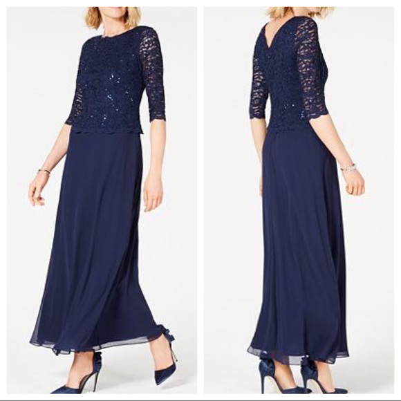 alex evenings sequined lace & chiffon gown